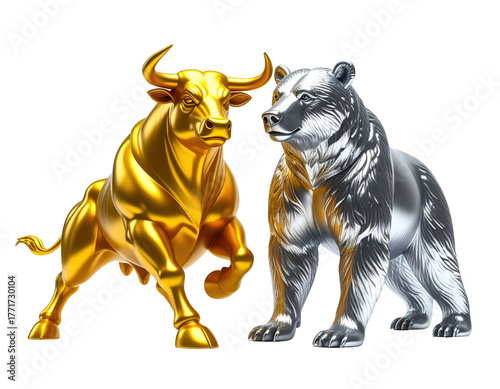 A golden bull and a silver bear are depicted side by side, symbolizing market trends in finance.
