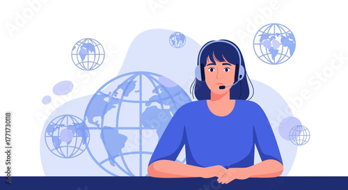 Worldwide Customer Support Representative with Headset in Contemporary Design Style