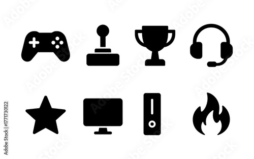 Gaming icon set: console, joystick, trophy, headset, and more in flat style