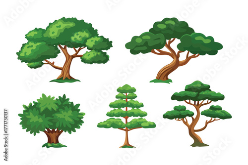Collection of Lush Trees: A vibrant assortment of trees, each showcasing unique foliage and trunk shapes, stands as a testament to the diversity and beauty of nature.