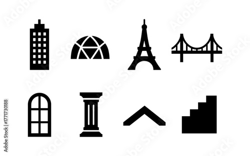 Black silhouette icons of architecture and landmarks