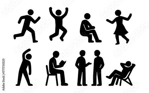 Set of human silhouette poses: running, walking, sitting, relaxing