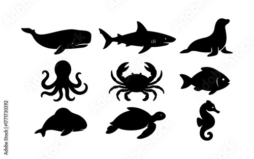 Silhouette collection of marine animals: whales, sharks, and more