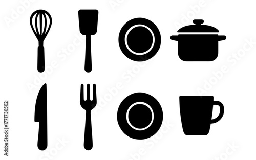 Minimalist kitchen icon set featuring essential cooking utensils and tableware in black silhouette