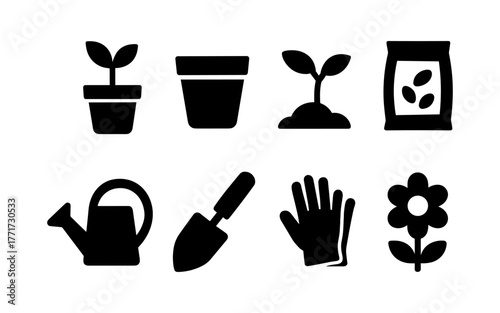 Gardening tools and plants silhouette icons for urban gardeners