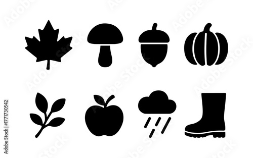 Simple autumn icons collection: nature and harvest silhouettes in black