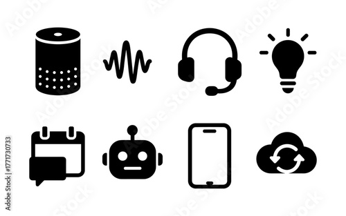 Technology icon set: smart devices, ai, and communication symbols in silhouette style