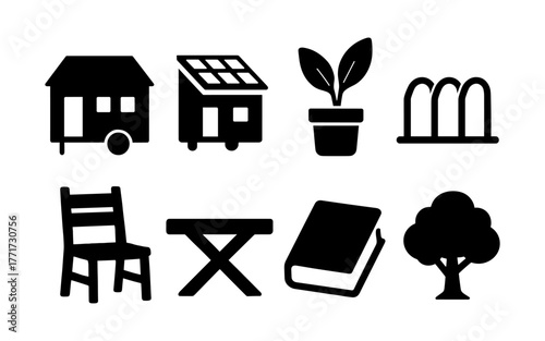 Silhouette icons: sustainable living, furniture, nature, and education