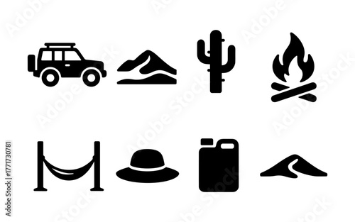 Camping adventure icons: off-road, desert, cactus, campfire, and more