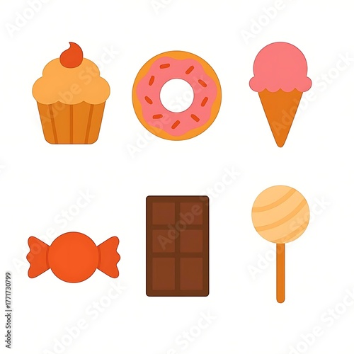 A colorful assortment of sweet treats including a cupcake donut ice cream chocolate and candy