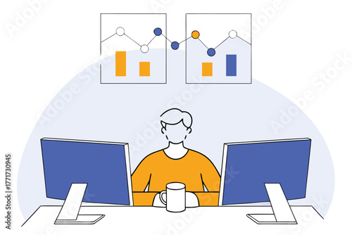 Man sitting at desk with dual monitors and coffee working remotely focused on technology illustration