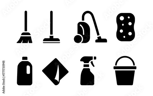 Cleaning equipment icon set in black silhouette style for home and office maintenance