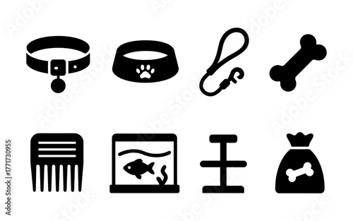 Silhouette pet accessories collection: collar, bowl, leash, bone, comb, aquarium, tree, bag