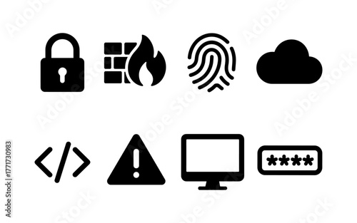 Cybersecurity icons collection: lock, firewall, fingerprint, cloud, code, warning, monitor, password