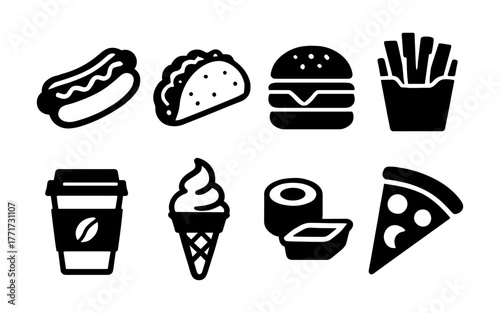 Icon set featuring popular fast food items in bold silhouette style