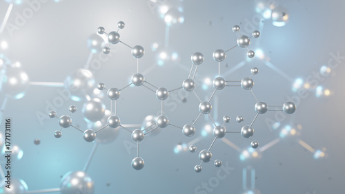 griseofulvin molecular structure, 3d model molecule, antifungal medication structural chemical formula view from a microscope