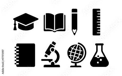 Educational icons set: graduation cap, book, pencil, ruler, microscope, globe, flask
