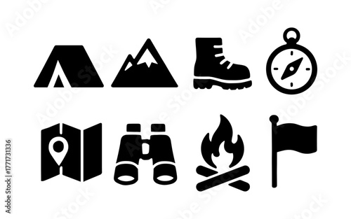 Outdoor adventure icons set with camping equipment and nature symbols