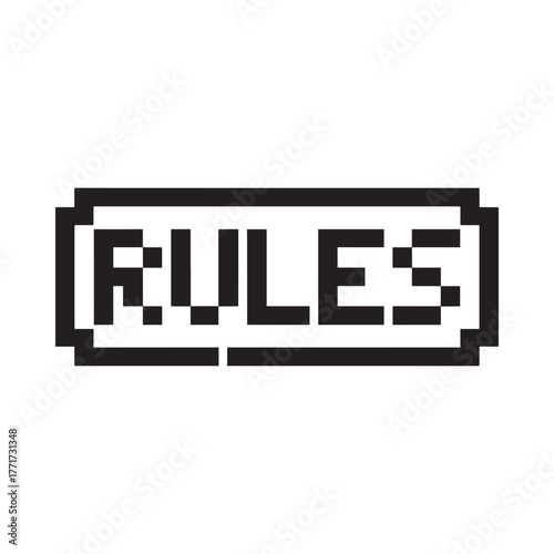Pixelated rules text in a black box on a white background
