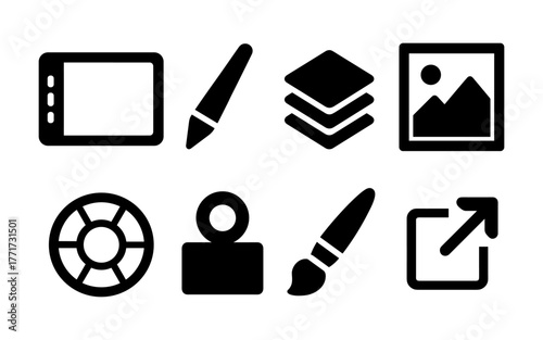 Set of design and editing icons in solid black style for creative software applications