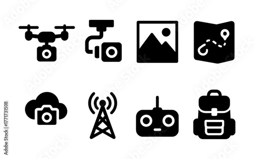 Drone technology icons for aerial photography and navigation in silhouette style