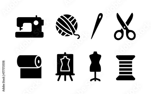 Sewing and tailoring icon set featuring tools and equipment