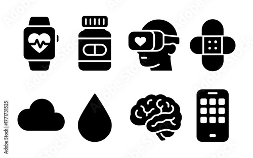Modern icons: health tech, wellness, and digital life in bold black silhouettes