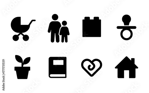 Essential family and home icons set for parenting and living themes