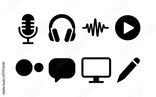 Monochrome audio and media icons - microphone, headphones, sound wave, play button