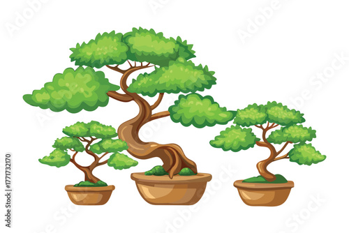 Bonsai Harmony: Three bonsai trees in different sizes and shapes, displaying an aesthetic blend of natural beauty and human craftsmanship. capturing a minimalist, peaceful aesthetic.