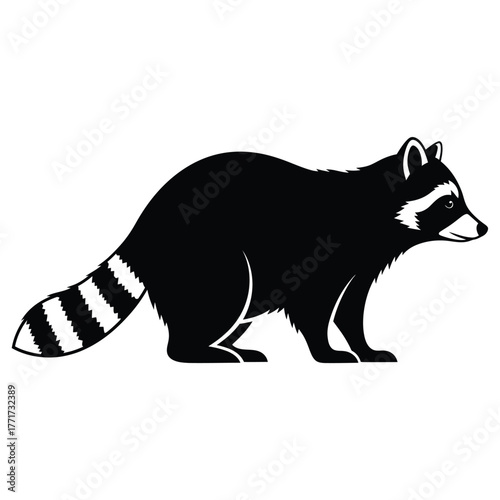 Silhouette of a raccoon, showing its distinctive mask and ringed tail, a nocturnal mammal often found in urban environments