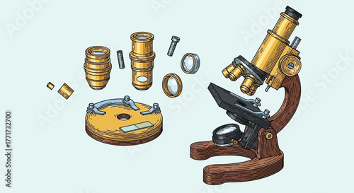 Disassembled Microscope and Assembled Microscope Illustration.