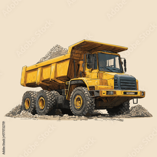 Vector of Yellow dumper truck transporting sand and gravel on a construction