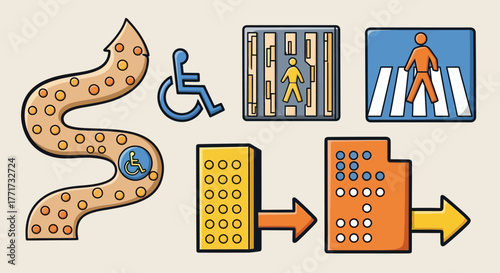 Disability Access and Urban Navigation Icon Set with Tactile Paving.