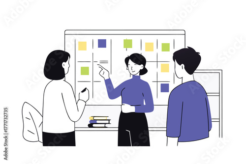 Team collaborates around a whiteboard with sticky notes for brainstorming and planning ideas illustration