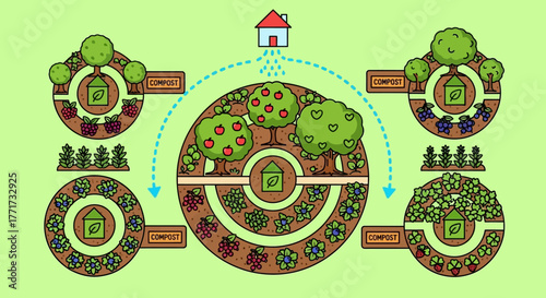 Garden Layouts with Central House and Circular Beds.