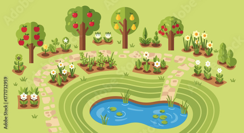 Garden scene with pond and various plants and trees.