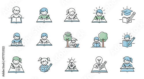 Collection of minimalist vector illustrations depicting children reading and learning, some with lightbulb and graduation cap icons, symbolizing knowledge and education.