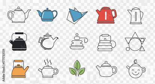 A collection of fifteen diverse teapot and kettle illustrations, showcasing various shapes, colors, and styles against a transparent background.