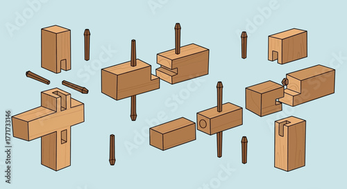 Isometric Diagram of Traditional Japanese Woodworking Joinery Techniques.