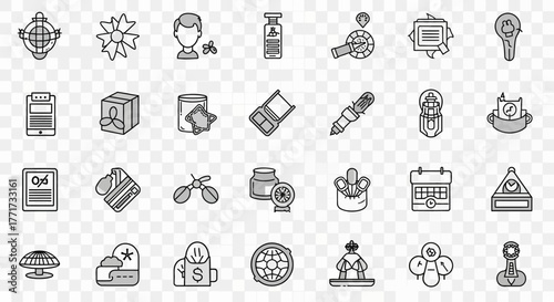 Collection of various line art icons depicting diverse objects and symbols, presented in a grid format on a transparent background.