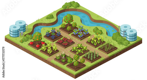 Isometric farm with diverse crops and river.
