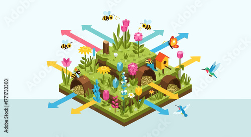 Isometric Nature Scene Depicting a Thriving Ecosystem Habitat.