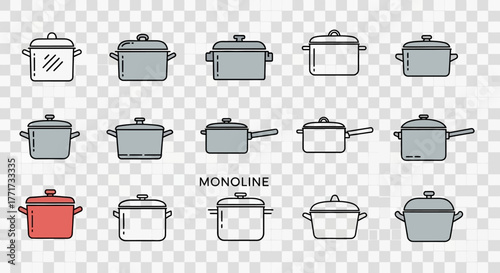 Fifteen different cooking pots and pans illustrations in a monoline style, arranged on a transparent background, one is colored red.