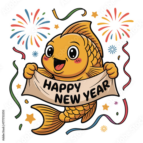 Cute golden fish mascot holding a “Happy New Year” banner while surrounded by fireworks