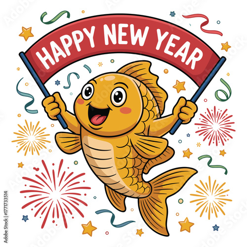 Cute golden fish mascot holding a “Happy New Year” banner while surrounded by fireworks