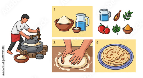 Man Grinding Grains and Preparing Flatbread.