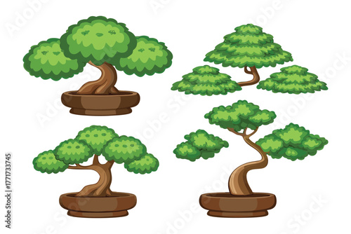 Bonsai Collection: An illustrative collection of Bonsai trees, showcasing the art of miniature landscaping, embodying the serenity of nature in a curated form.