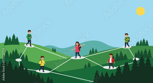 People connected in a network across green hills.