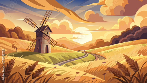Vector illustration of an antique windmill on a hill surrounded by golden wheat fields, soft sunset glow, gentle clouds, warm nostalgic tones, peaceful vintage countryside scene